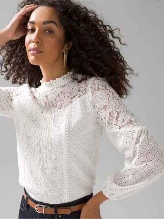 White House Black Market Tops - White House Black Market Lace Blouse sz 12 Mock Neck Ruffle Feminine Top